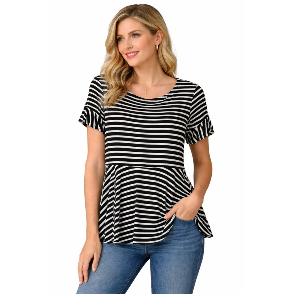Chico’s Black White Striped Peplum Top Womens Size 0 Stretch Short Sleeve Blouse